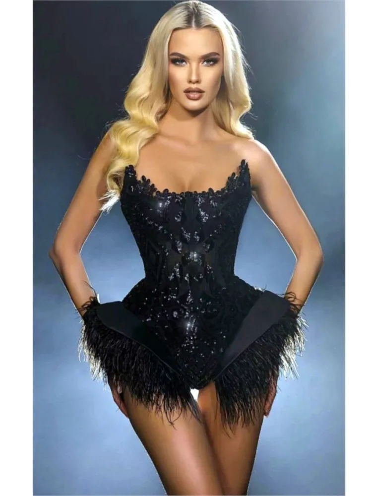 Sequin Embroidered Low Cut Waist Feather Skirt With Black Jumpsuit Sexy And Hot Stage Performance Costume