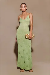 Knitted Camisole Women's Prom Dress Strap Sleeveless Skirt Flower Shiny Formal Casual Daily Slim Sheath Midi Robe Party Gown