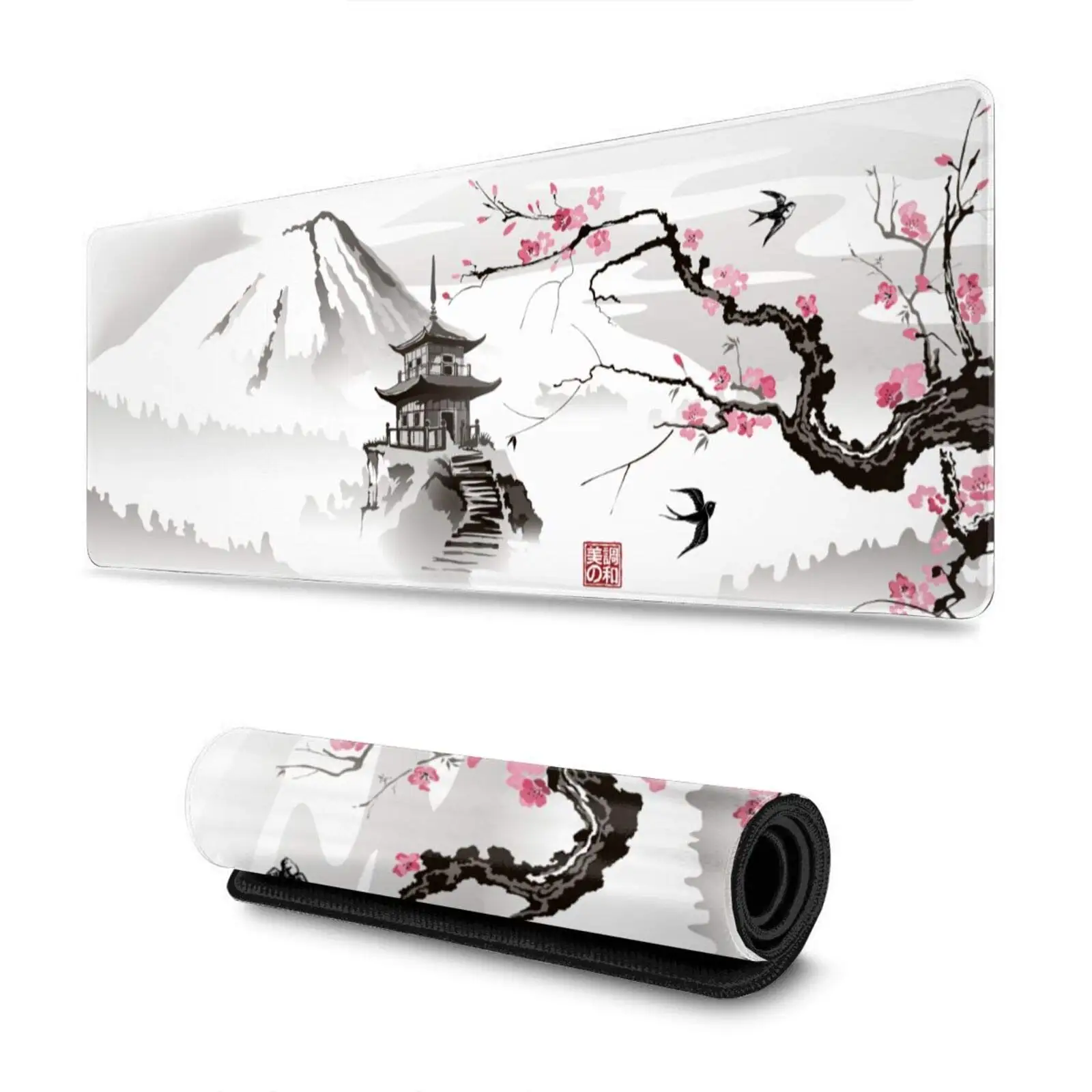 Japanese Cherry Blossom White Gaming Mouse Pad XXL Extended Large Mouse Mat Desk Pad Stitched Edges Mousepad Long Nonslip Rubber
