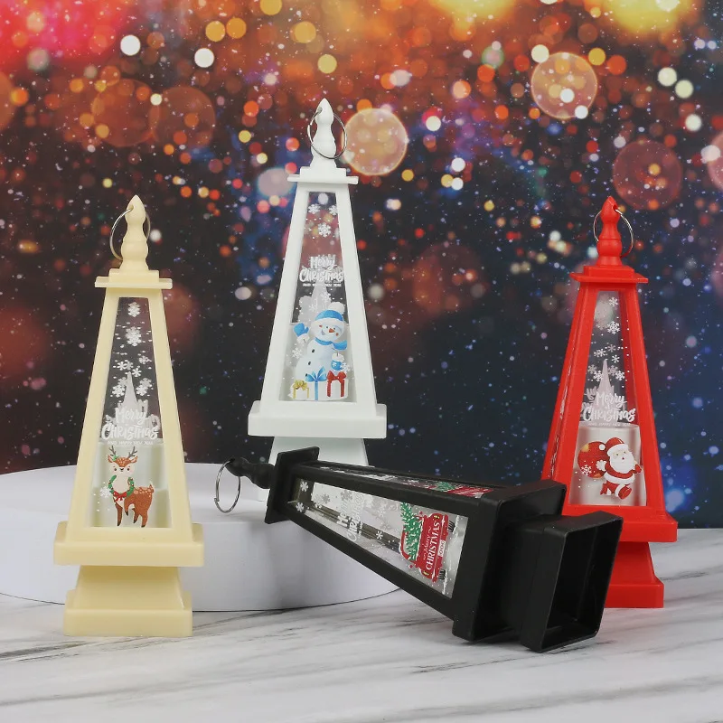 สามเหลี่ยม Tower คริสต์มาส Santa Claus Snowman โคมไฟ LED แขวนแสงเทียนโคมไฟน้ํามัน Xmas Party Home Decor Props