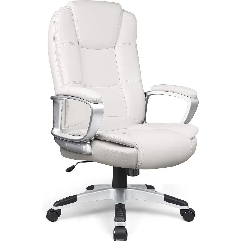 Office Desk Chair,Big and Tall Managerial Executive,High Back,Ergonomic Adjustable Height PU Leather with Cushions Armrest White