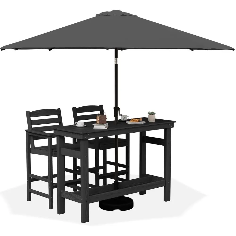 

Outdoor Bar Set with 9ft Umbrella, AllWeather HDPE Patio Bar Chairs and Table, Outdoor Furniture Set, Black Umbreall Base not I