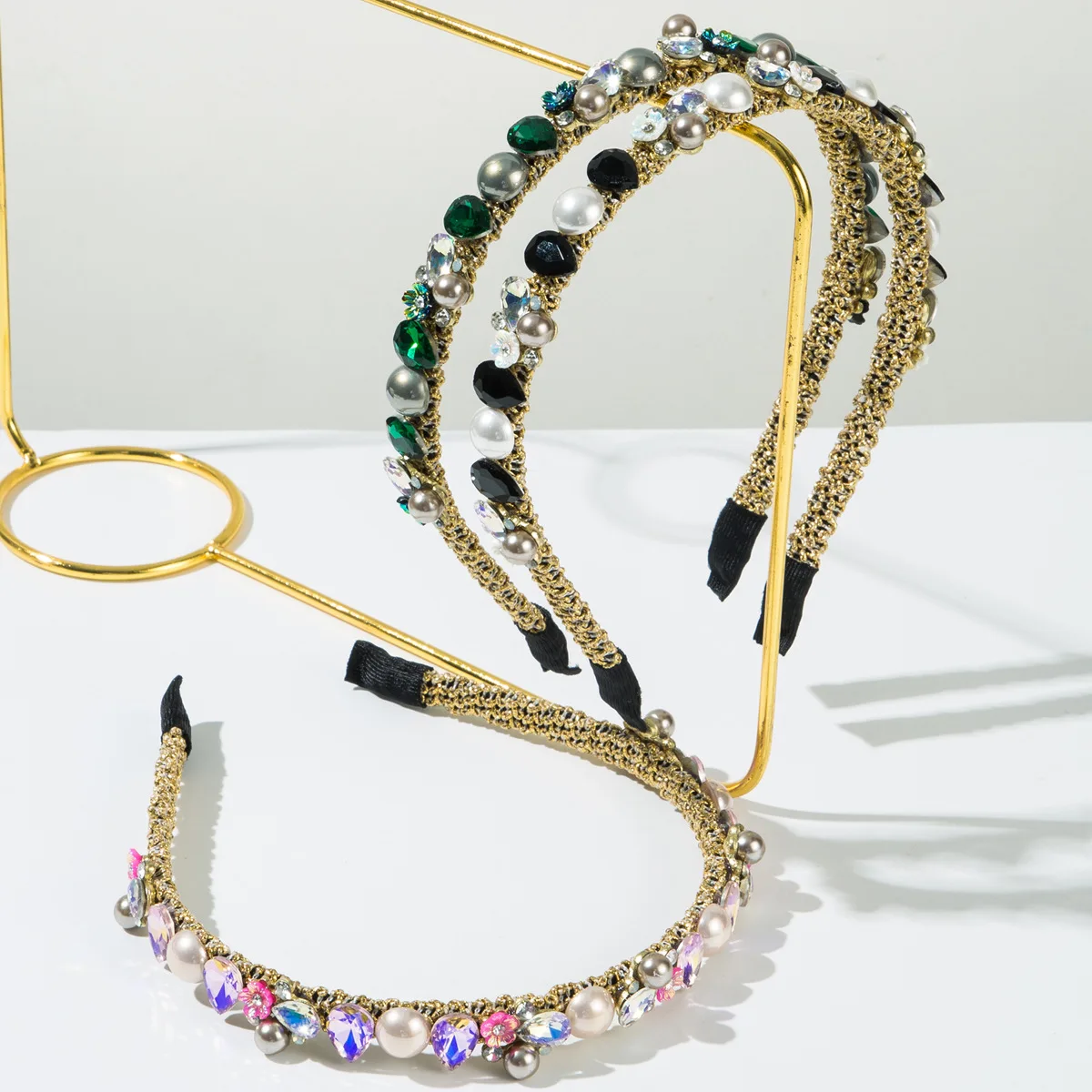 

Luxury Woven Gold Thread Colorful Crystal Pearl Thin Headband Baroque Water Drop Gem Hair Hoop Wedding Banquet Hair Jewelry
