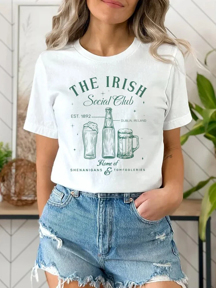 Fashionable Short Sleeved Vintage The Irish Social Club Printed Trendy Style Top Summer Printed Pattern Basic O-Neck T-Shirt.