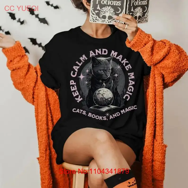 Cat Bookish T Shirt Halloween Magic and Books Keep Calm Make Spooky Season Whimsigoth Witch long or short sleeves