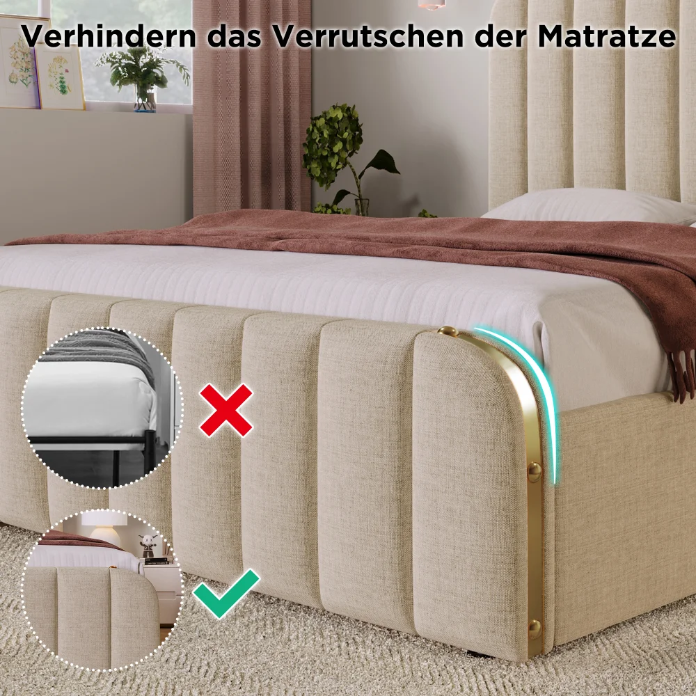 PINGGO Gepolstertes Doppelbett 180x200cm Beige Leinen-Kopfteil Goldene Dekorative Streifen USB Typ-C-Ladefunktion 4 Schubladen Ohne Matratze – Detail 3