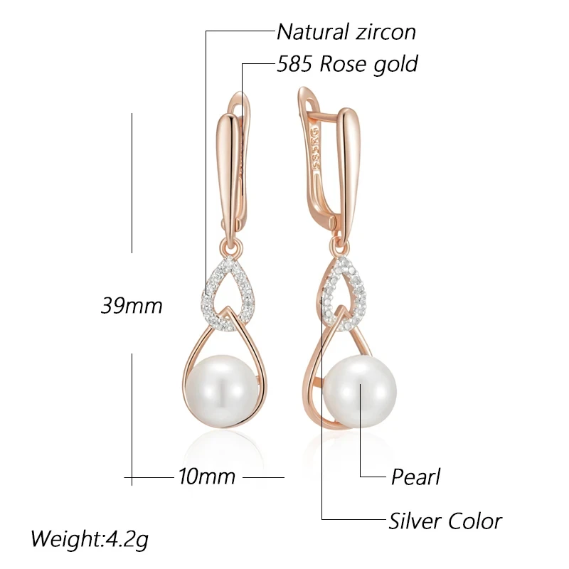Wbmqda Luxury Pearl Women\'s Long Drop Earrings 585 Rose Gold Silver Color Ethnic Wedding Party Fine Zircon Jewelry Accessories