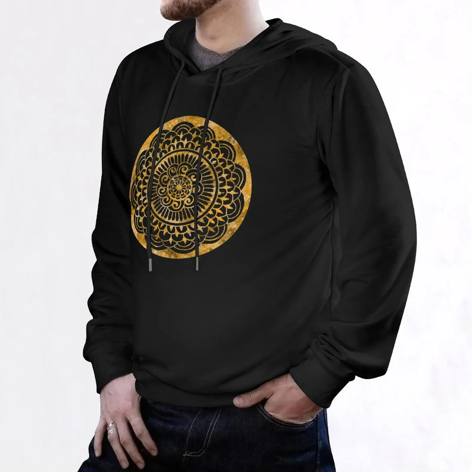 Zonnebloem Zon Mandala Goud op Wit Pullover Hoodie grafische t-shirts heren oversized herenhoodie