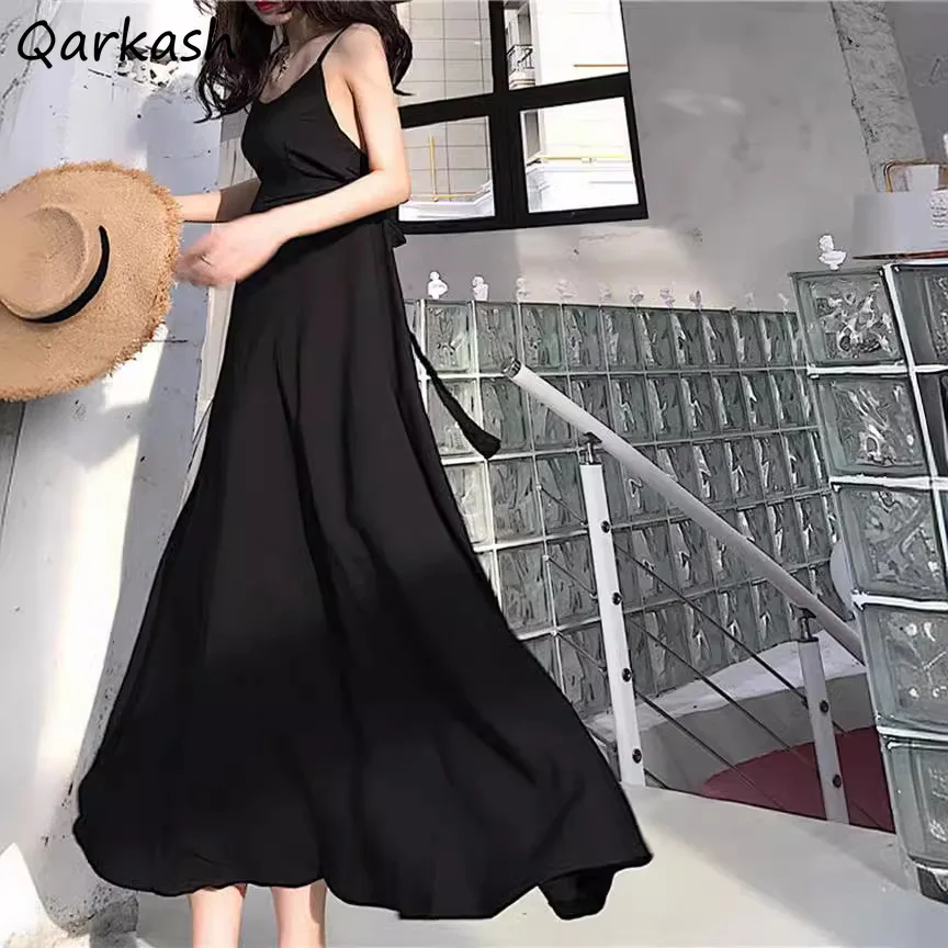 

Summer Dresses Women Sleeveless Bow A-line Mid-calf Backless Korean Style Simple Holiday Beach Elegant Casual Ulzzang Tender BF