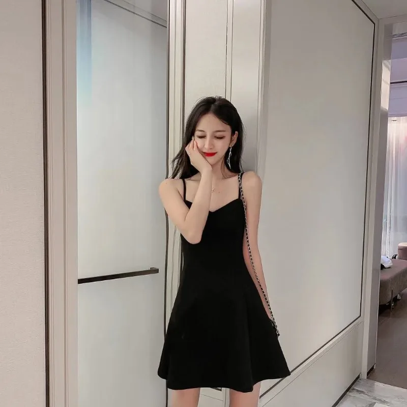 New Summer Dress Women Inner Layer Base Slimming Camisole ALine Short Skirt Little Black Dress Petite Size Spaghetti Strap Dress