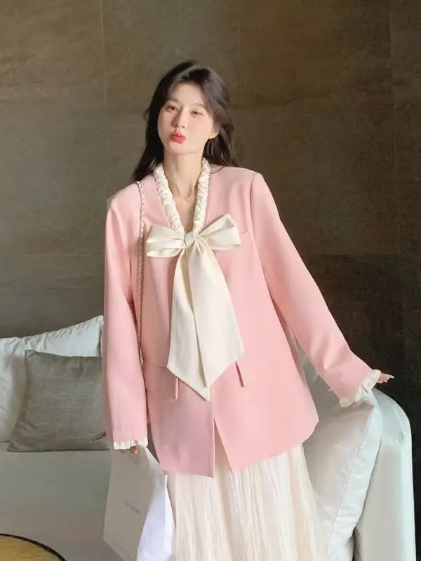 Grande laço com decote em v primavera moda senhoras rosa blazer jaqueta feminina doce high end escritório senhora blazer casual solto casacos outerwear