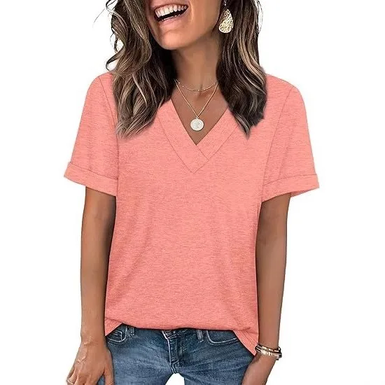 Women Short Sleeve T Shirt V Neck Solid Color Cotton Regular Fit Casual Loose Top with Rolled Cuff Sleeve for Everyday Wear