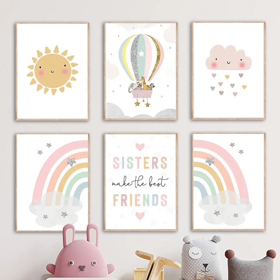 Giraffe Elephant Hot Balloon Sun Rainbow Nursery Nordic Posters And Prints Wall Art Canvas Painting Picture Baby Kids Room Decor