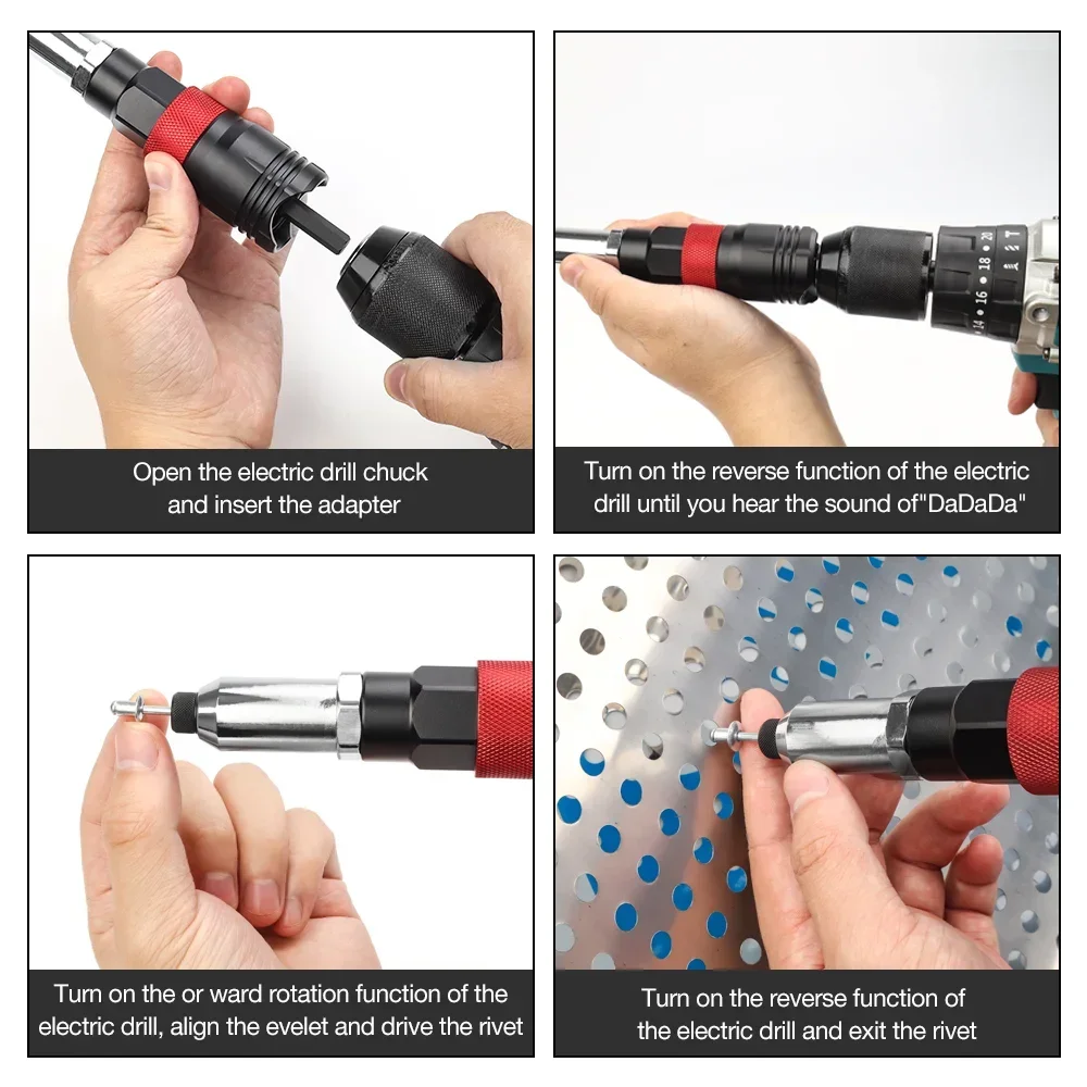 Electric Rivet Gun Electric Drill Rivet Gun Adapter Cordless Riveting Tool Kit Plug-in Rivet Tool 2.4mm/3.2mm/4.0mm/4.8mm/6.4mm