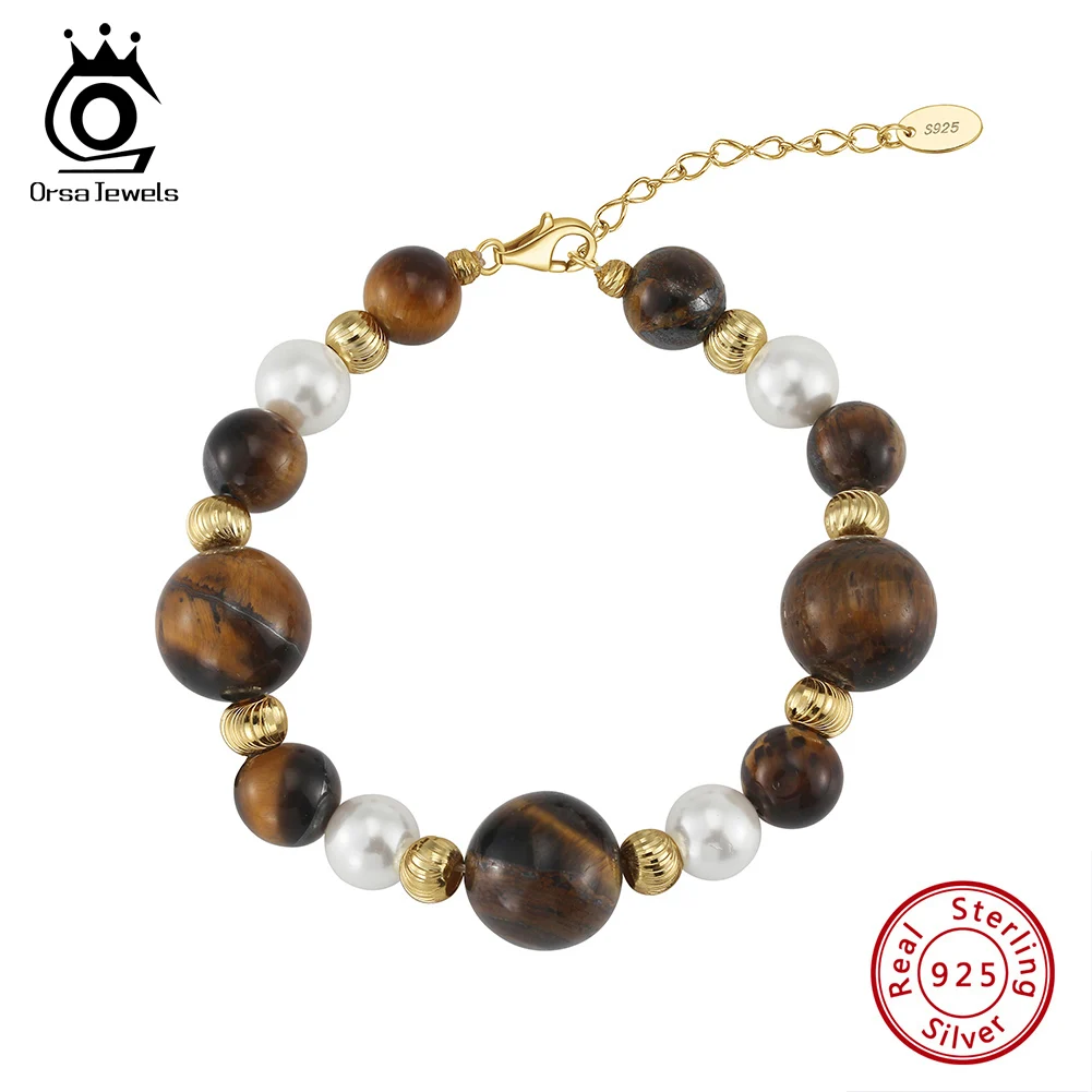 

ORSA JEWELS Natural Stone Round Tiger Eye Chain Bracelet 925 Sterling Silver Shell Pearl Bracelet for Women Party Jewelry GMB61