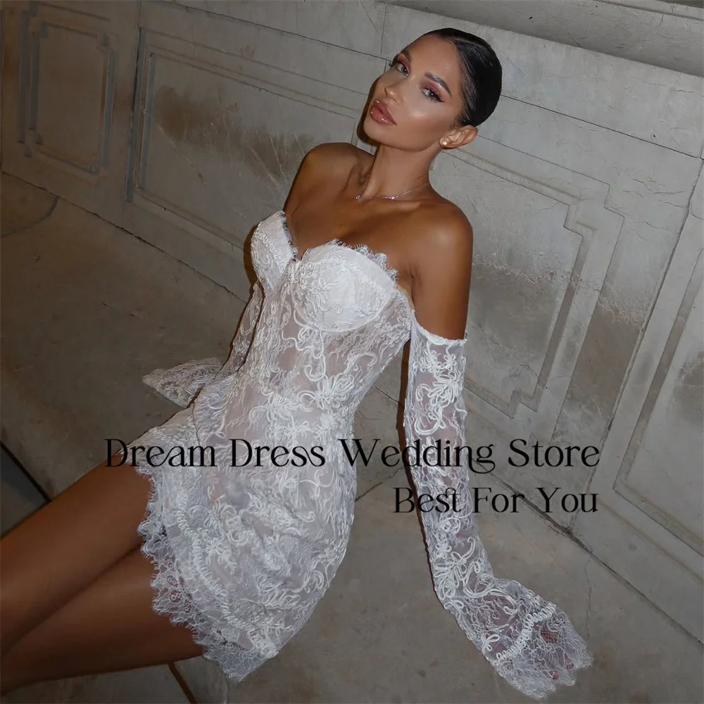 حلم الدانتيل الحبيب غمد فستان زفاف قصير المرأة 2025 كم طويل قبالة الكتف فستان زفاف Vestido De Novia مخصص