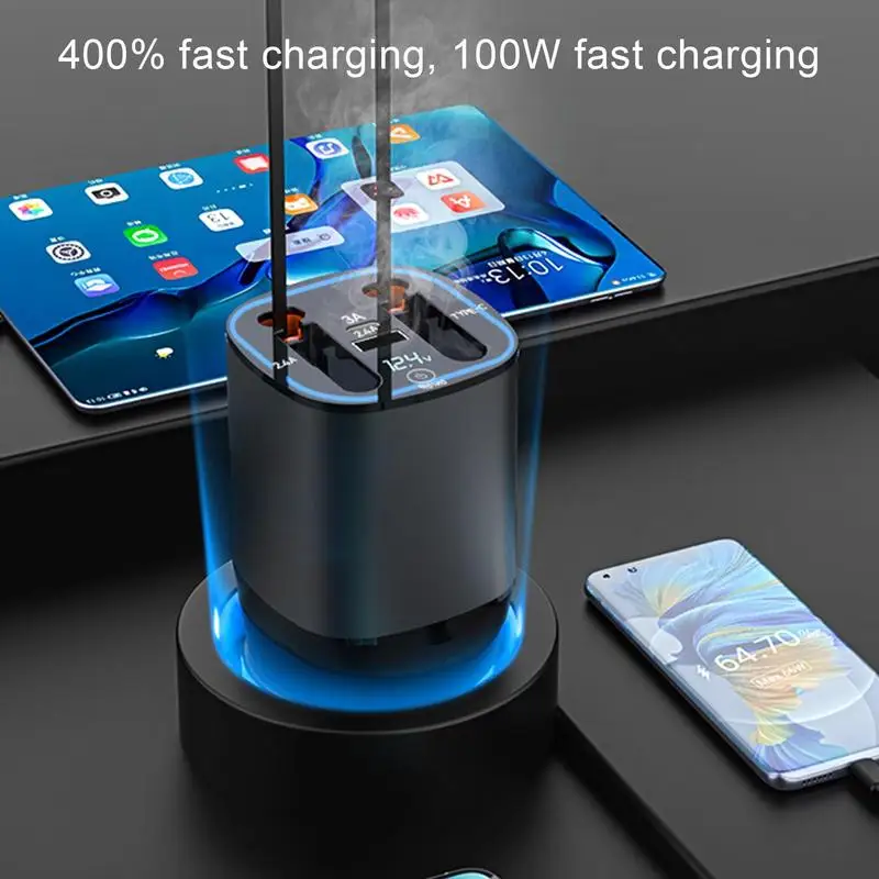 5 In 1 Car Phone Charger Adapter With Dual Retractable Cables 100W Fast Charger LED Voltage Display Smart 12V 24V Car Diffuser