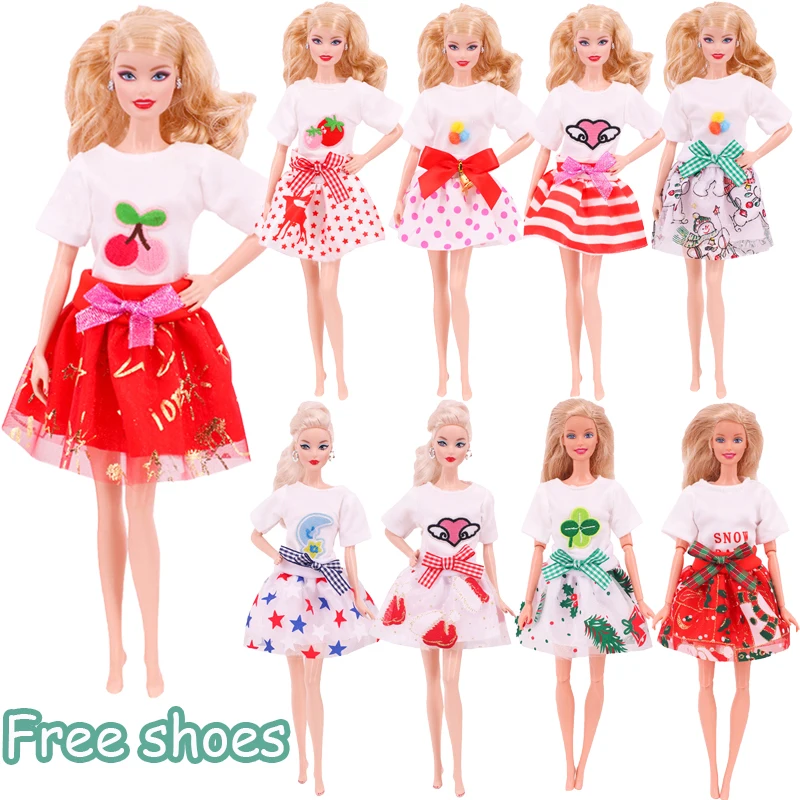 2pcs Barbies Doll Clothes Summer Patches White T-shirt +skirts with Shoes For 11.8inch Doll Casual Clothing Cute Toy Girls Gift