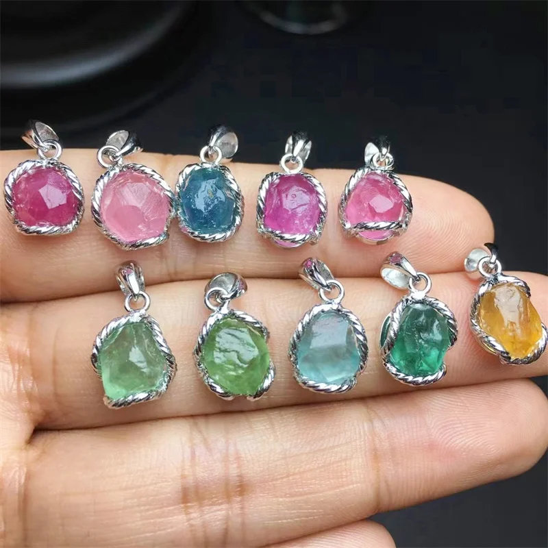 

S925 Natural Clear Colored Tourmaline Pendant Sterling Silver Crystal Reiki Healing Stone Fashion Women Men Gift