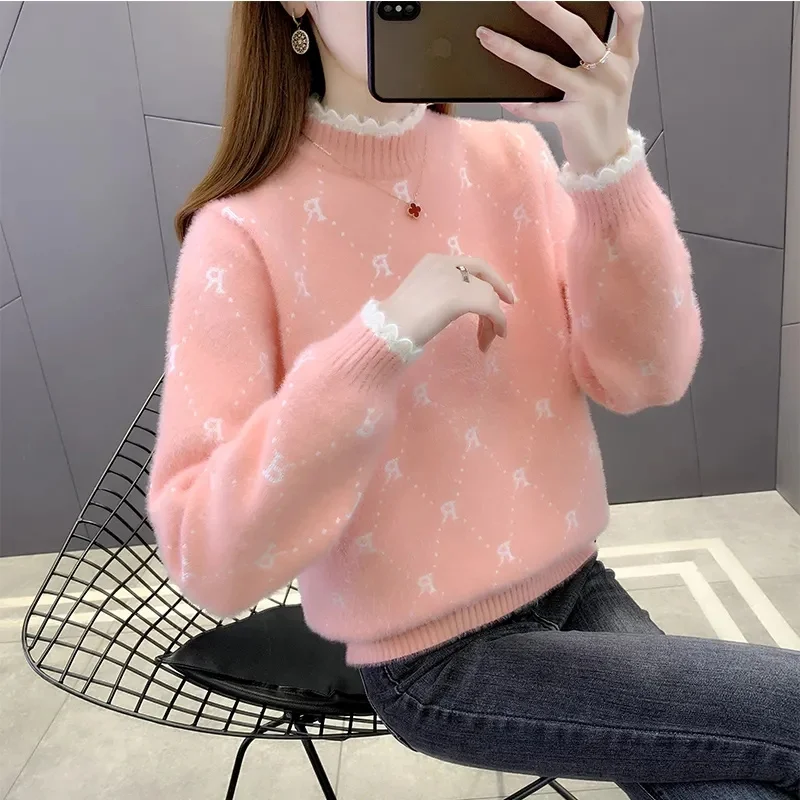 Half-Turtleneck Mink Velvet Sweater Women\'s Coat Autumn Winter 2023 New Jacket Pullover Short Loose Knit Bottoming Shirt Female