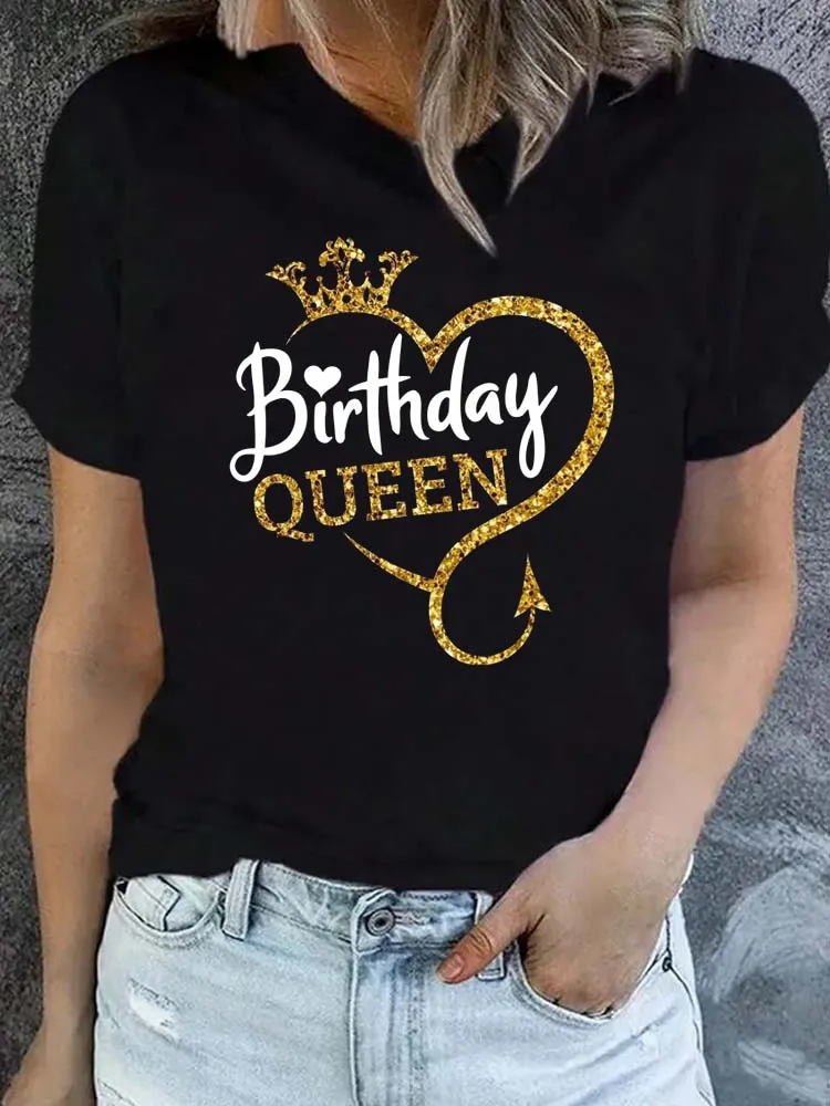 Birthday Gift for Girls Birthday Queen Graphic Print Tshirt Women's Clothing Harajuku Summer Short Sleeves Crew Neck T-Shirt
