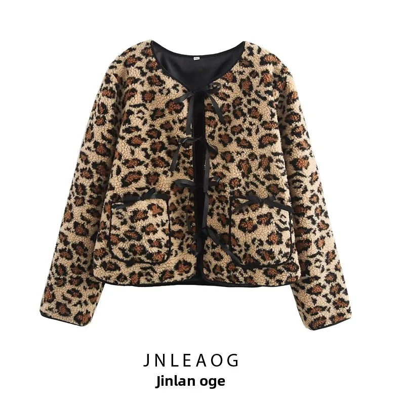 

Faionable Leopard Print Jaet with Bow Tie Decoration Women's ort Outerwear Polyester Fabric round Ne Long Sve