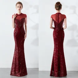 Evening Dress Burgundy Sequins Stretchy O-neck Beads Zipper Back Mermaid Trumpet Floor Length Women Party Formal Gowns YE281