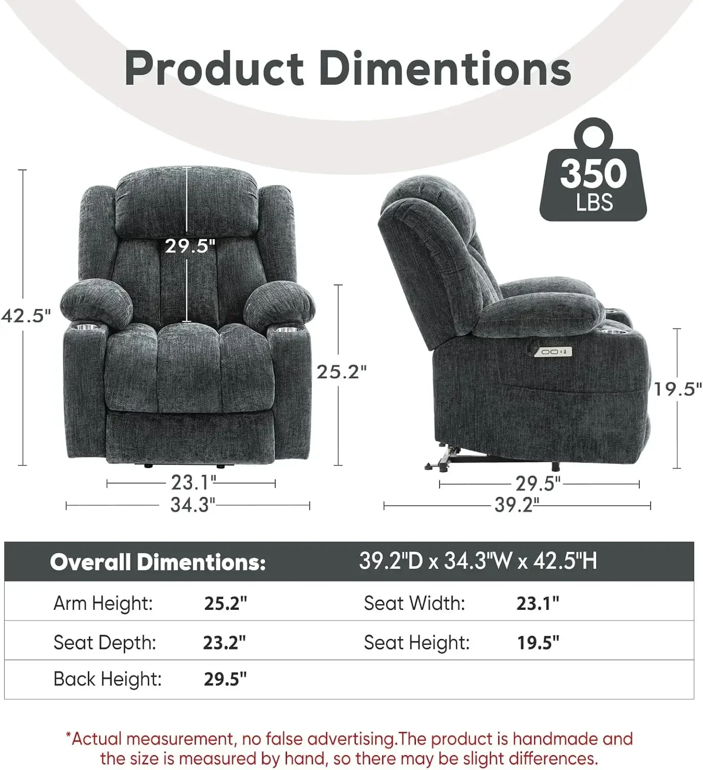 Large Power Lift Chairs Recliners for Elderly with Heat ＆ Massage, Upgraded Chenille,USB-A＆C,Cup Holder, Side Pocket, Grey Blue