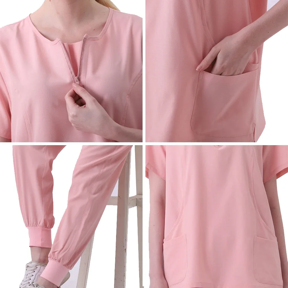 Conjunto Uniforme de Esfoliantes Elásticos femininos, Vestidos Cirúrgicos Hospitalares, Tops de Manga Curta, Terno de Calça Bocador, Roupas Médico, Acessórios Médicos