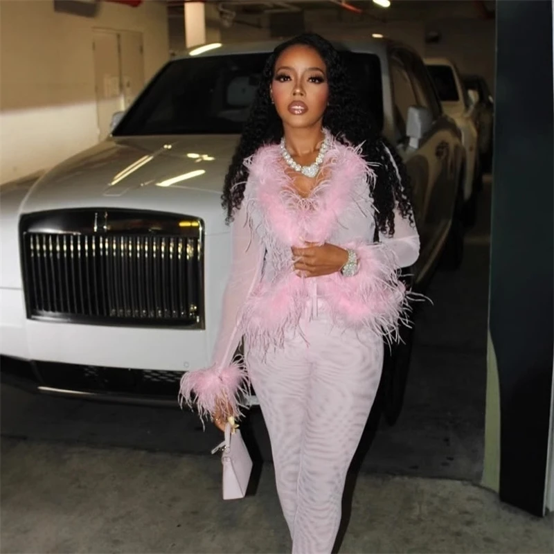 

Solid Color Fashion Furry Collar Trend Lace-up Top Tight Stretch Pantsuit