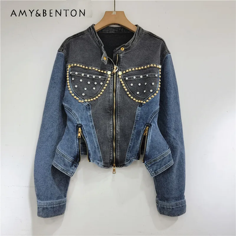 

Diamond-Embedded Denim Jacket For Women's Trendy 2024 New Spring And Autumn Small Elastic Slimming Jeans Jaquetas Top Outwear