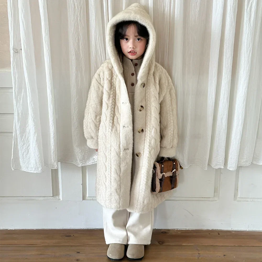 

Winter Jacket Faux Fur Jacket Girl Hooded Warm Thick Fluffy Coat Outfit Kids Long Sleeve Parka With Scarf XMP266