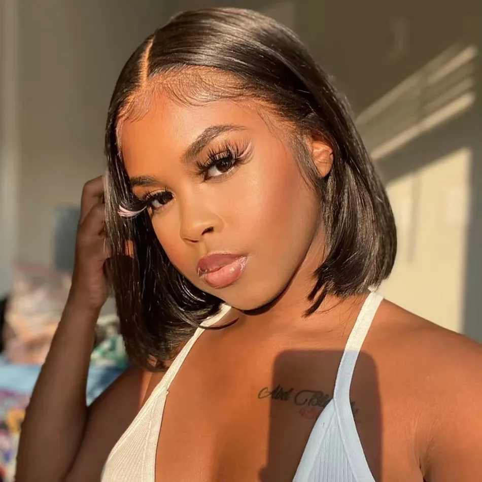 

220 Density Straight Short Bob Wig Human Hair 13x4 HD Transparent Lace Front Wigs Natural Black Straight Short Human Hair Wigs