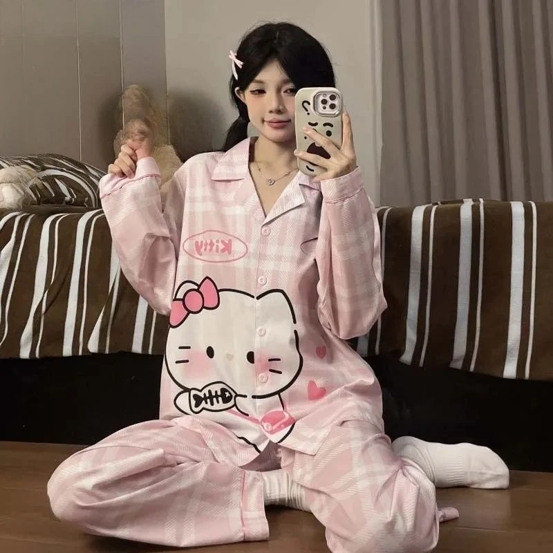 

Мягкие пижамы Kawaii Hello Kitty для девочек, осенне-зимний комплект с длинными рукавами и рисунком для студентов, милый ледяной шелк, дышащий комплект домашней одежды