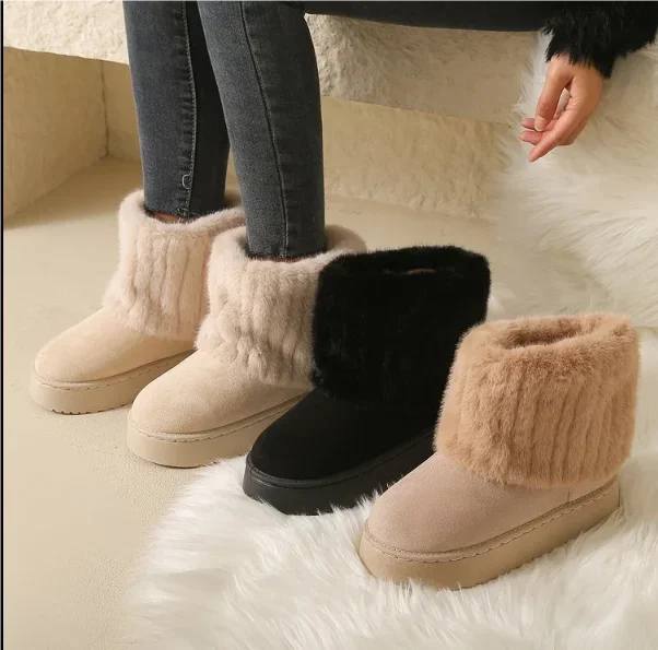 

2024new Shoes for Women Winter Women's Boots Black Round Toe Solid Flock Plush Warm Mid Heel Water Proof Casual Snow Boots Women