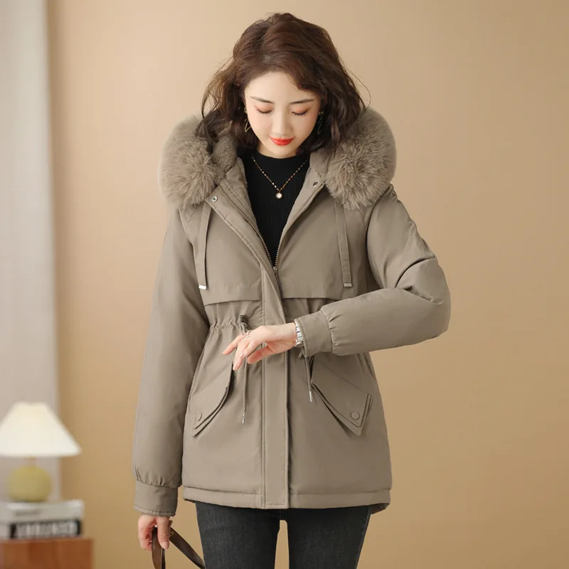 Thickened Insulated Warm Winter Coats Fashion Casual New Mid Length Women Parkas Fur Collar Hooded Slim Waist Drawstring Outwear
