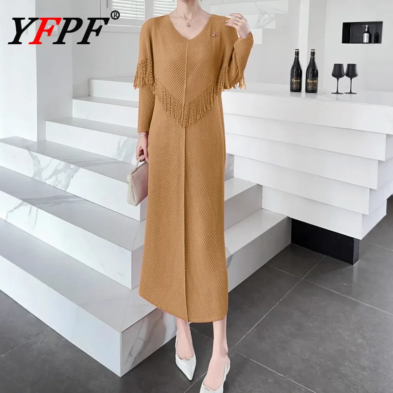 

YFPF Pleated Elegant Solid Color Long Dress Women V Neck Tassel Patchwork Design Loose Dresses Fashion 2025 New Clothing