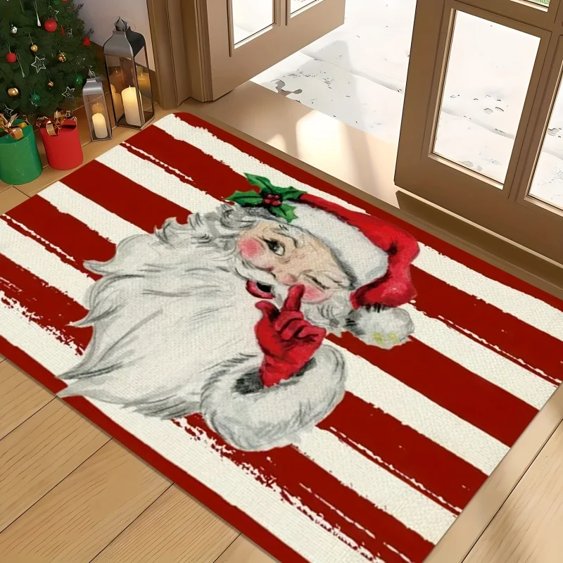 Vintage Wink Santa Doormat, Red‑White Stripe Printed Floor Rug, Front Door Christmas Home Decor