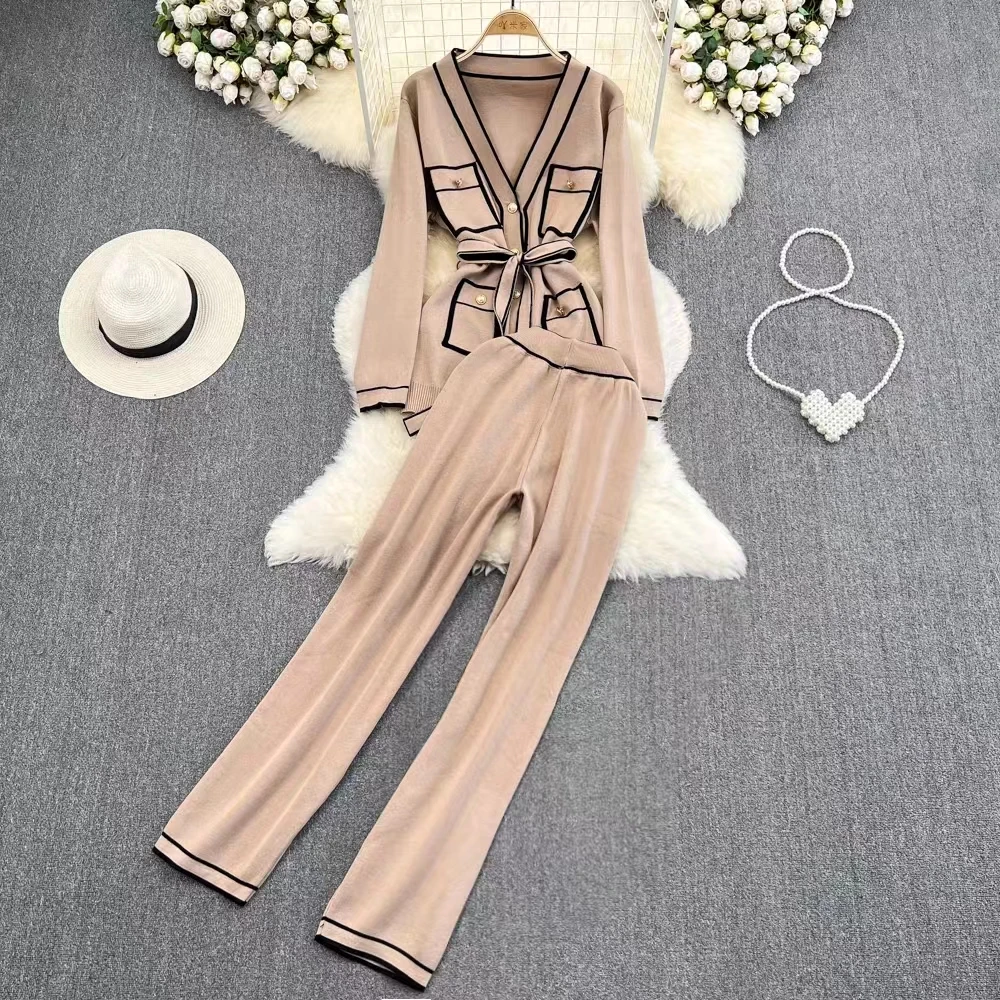 Vintage Contrast Color Knitted Two Piece Set for women V-neck Long Sleeve Lace Up Cardigan Coat + Wide Leg Pants Sets Tracksuit