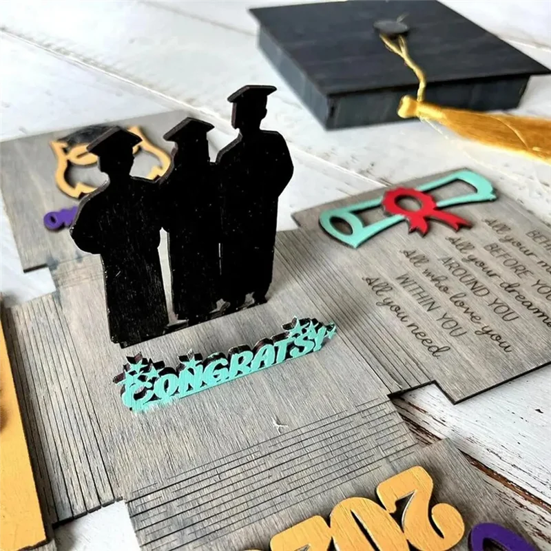 A08F-Graduation Explosions Box Bachelor Hat Shape Gift Packing Wooden Boxes 2024 Congratulation Grad Party Favors Decoration