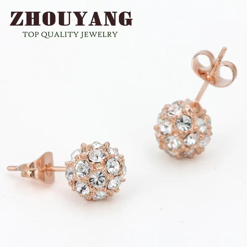 ZHOUYANG Lucky Ball Stud Earrings For Women Simple Classic Top Quality Rose Gold Color Jewelry Austrian Crystal Wholesale ZYE381