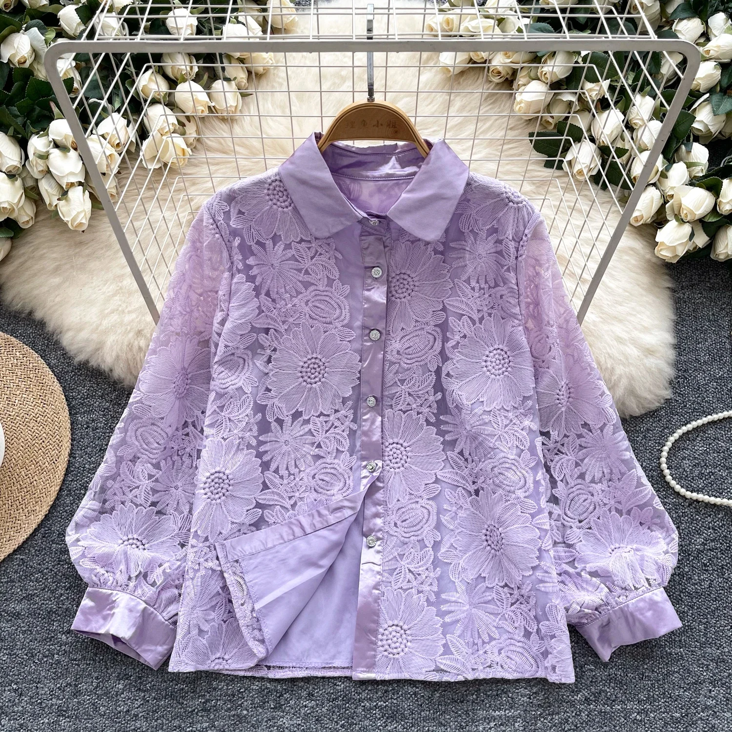 Vintage Elegant Embroidery Long Sleeve Single Breasted Blouse Fashion Lapel Shirt  Casual Chic Top Fairy Autumn Women