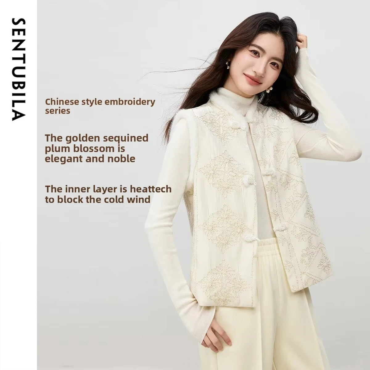

SENTUBILA женский бархатный жилет в китайском стиле, зима 2025 года, золотая нить, вышивка, воротник-стойка с плюшевой отделкой, офисный женский топ 154JE4025