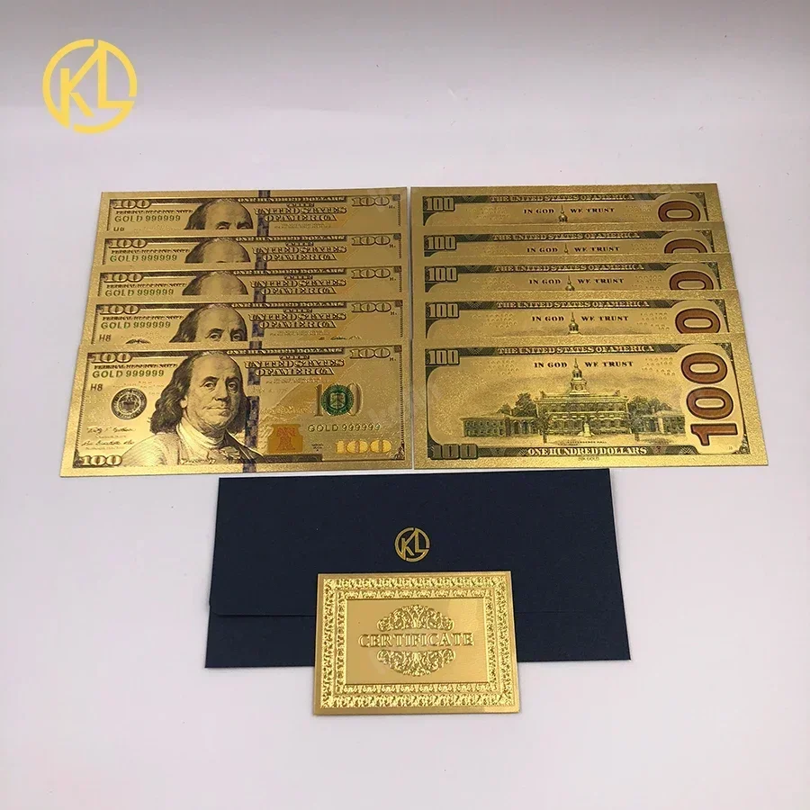 

Full designs 10pcs/lot USA 100 Dollar Gold Foiled Platsic Banknote Bill United States OF America with Envelope for gifts