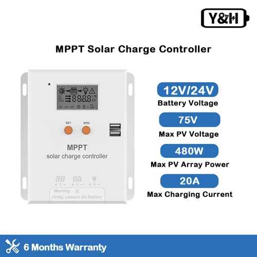 Imagen 1 del producto Controlador de carga solar Y&H MPPT 20A Regulador de batería de 12 V 24 V Entrada máxima fotovoltaica 75 VCC para AGM, gel, inundación y litio