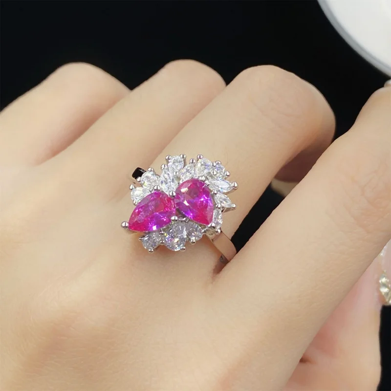 

High-end Water Drop Shape Red Corundum Fashion Three-piece Full Diamond Open Ring Female Temperament Pendant Earrings Set