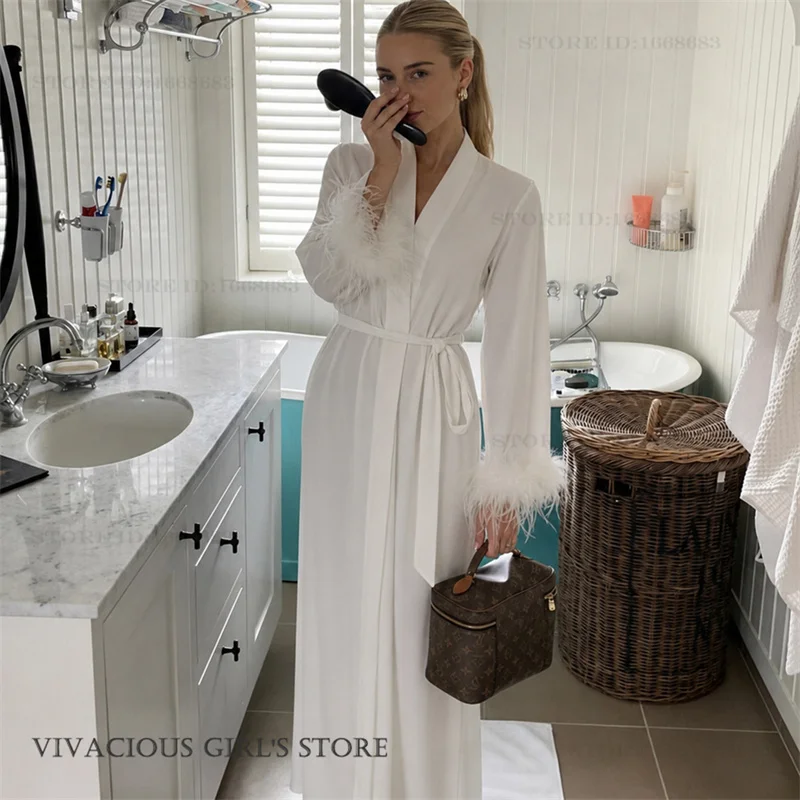 Fashion Womens Long Robes Pajamas Home Clothes Elegant Kimono Bathrobe Gown with Feather Cuffs Luxury Satin Sleepwear Loungewear