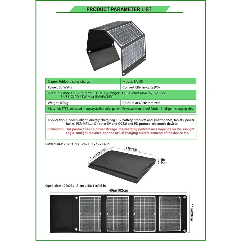 W 14W 21W 25W 30W 60W 80W Folding Solar Charger USB C PD 65W Laptop Power Bank Foldable Panel Hiking Backpacking Outdoor view 6