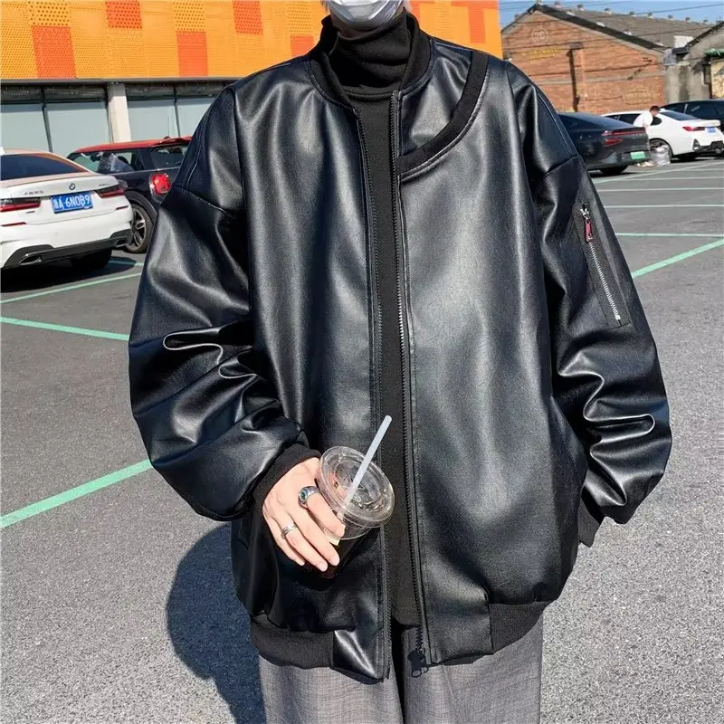 American Men's PU Jacket Patchwork Street Pilot Motorcycle Suit Hiphop Trendy Loose Oversized Ruffian Handsome Top Spring Autumn