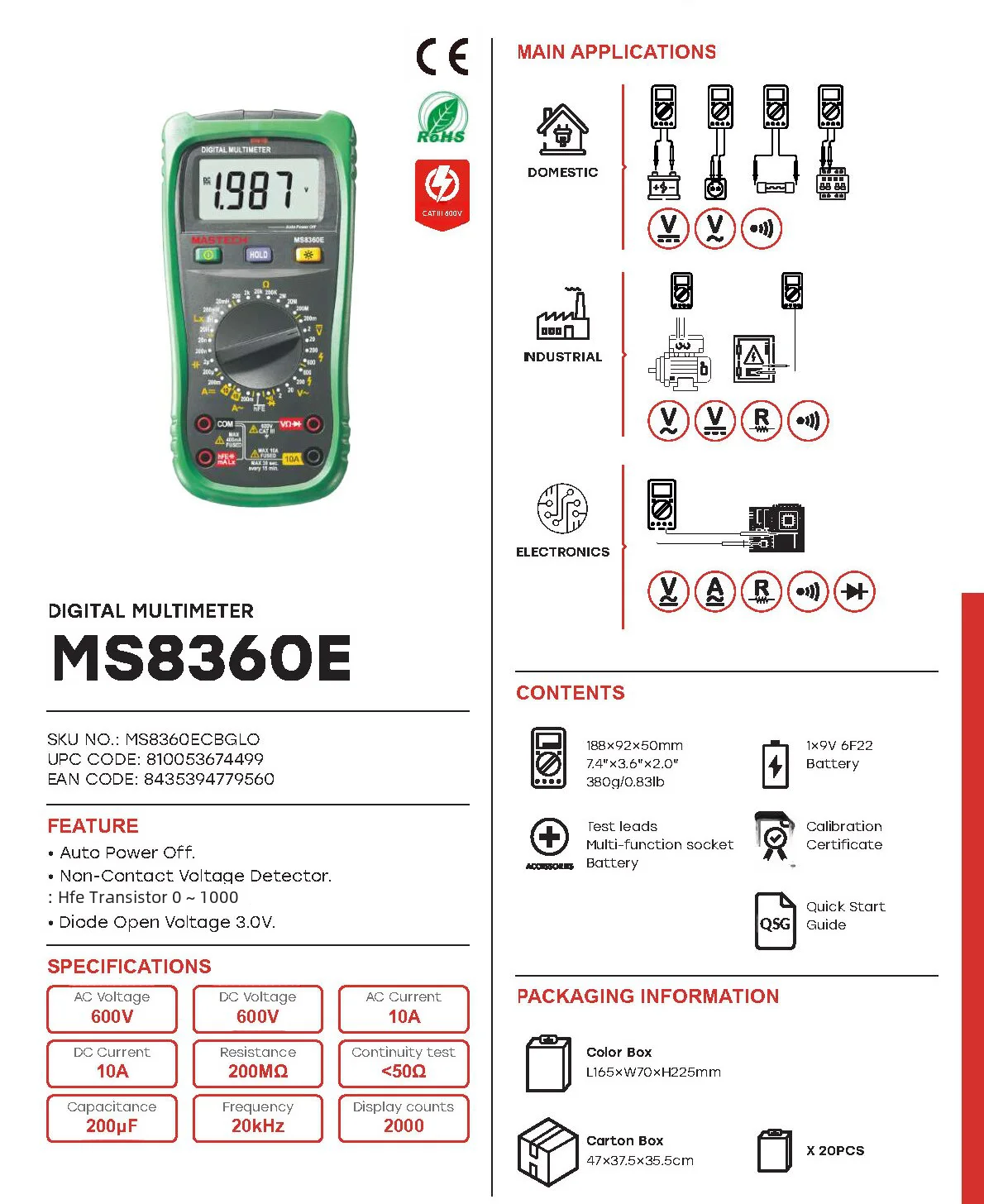 Mastech Ms8360c/E/F/G Digitale Multimeter Dmm Inductantie Condensator Hfe Tester Ac/Dc Spanningsstroom Ohm Meter Met Temperatuur